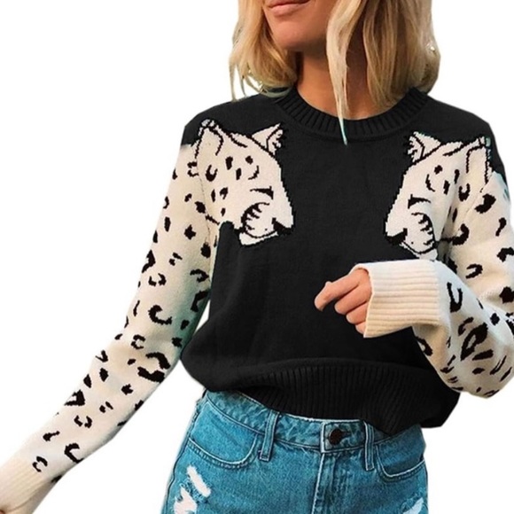 Unique Vintage Leopard Sleeve Sweater, Black and Cream - Picture 2 of 5